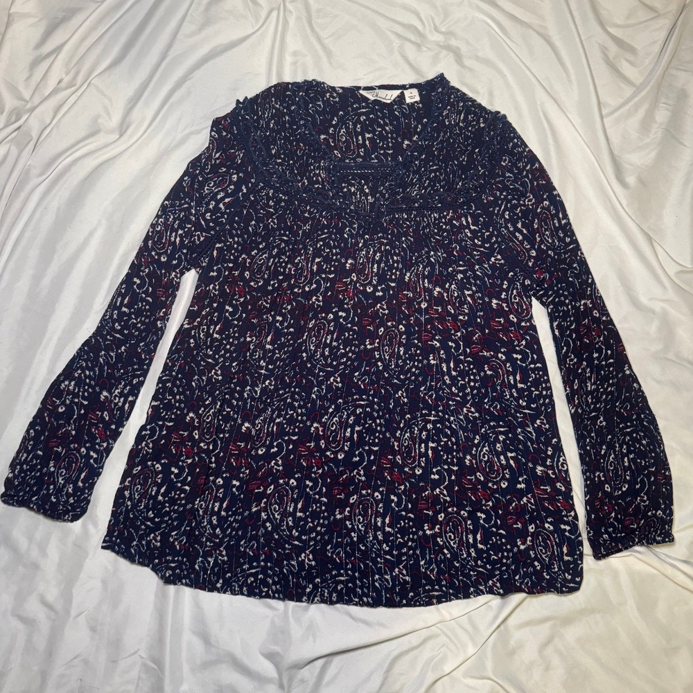 Caffe Marrakesh Paisley Boho Blouse‎ Womens Small Navy Blue Metallic Lace Trim